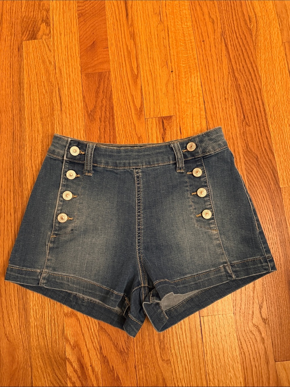 Happily Grey Sailor Button Denim Shorts Size 1/25 Stretch High Rise Blue